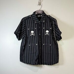 Shrine Hollywood California Mens XL Black Pinstripe Skull Cross Chain Goth Shirt